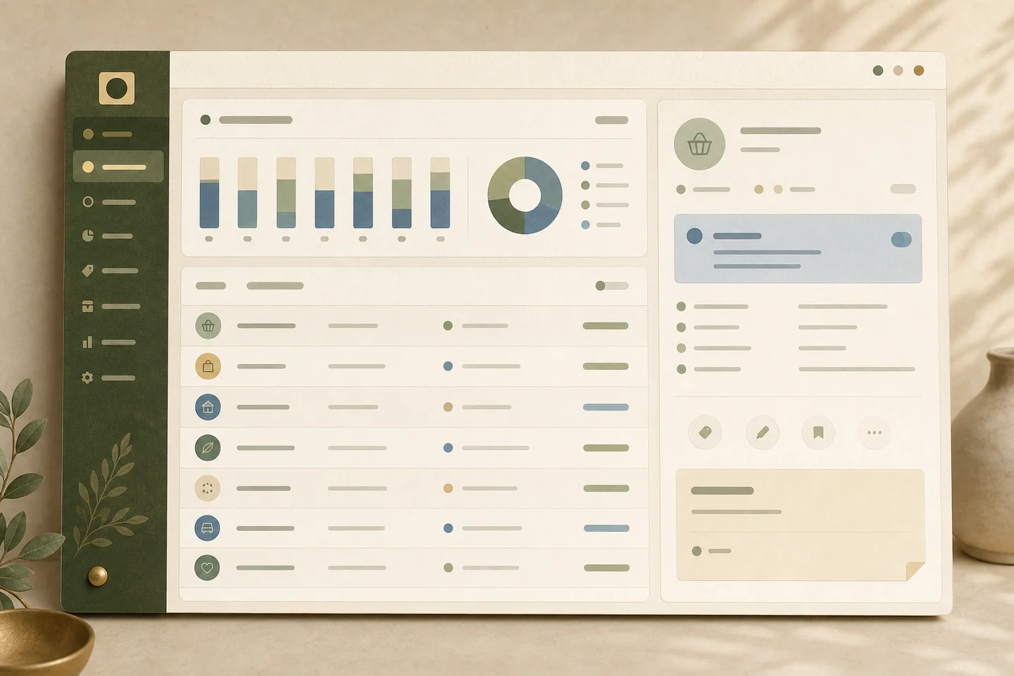 Illustrative household-ledger interface with abstract rows, a chart, and an item inspector; no live account data.